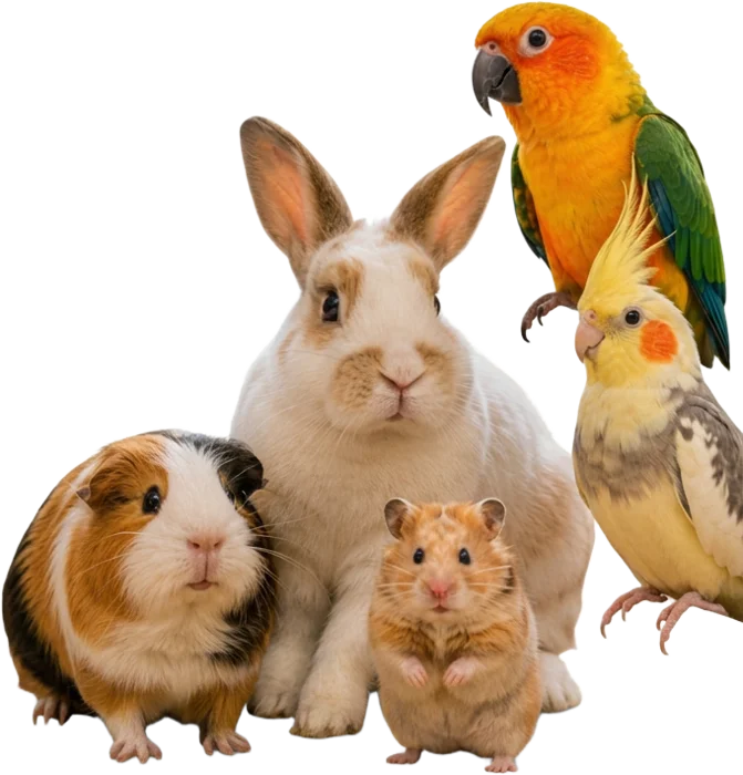 Coelho, porquinho-da-índia, hamster, calopsita e periquito